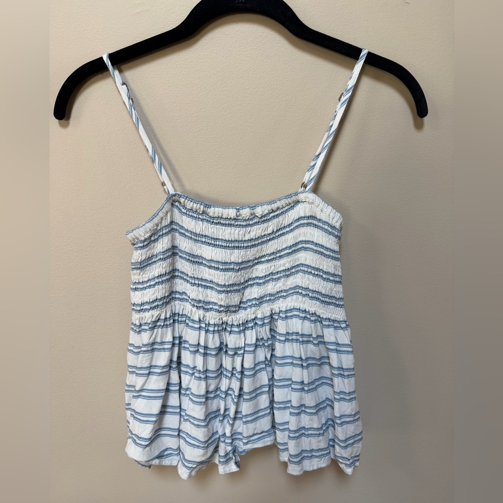 White and Blue Stripe Hollister Babydoll Tank Top with Adjustable Straps Small